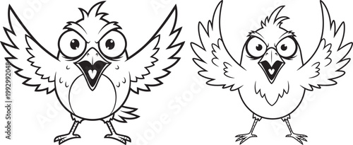 Two cartoon birds with big eyes and open mouths wings spread black and white line art illustration screaming chirping character graphics friendship together communication excitement