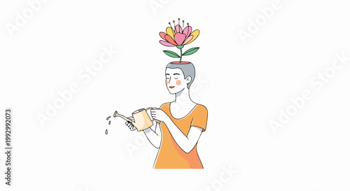 Vector illustration of person watering flower growing from head, symbolizing personal growth and self care. Concept of nurturing ideas and mental well-being, vector art for wellness.