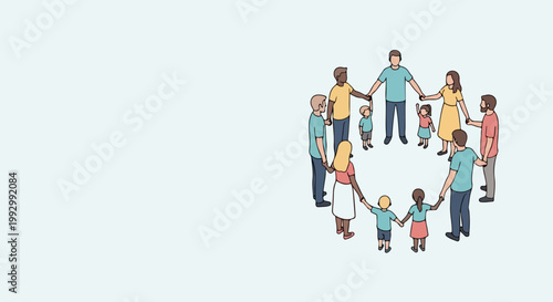 Diverse community circle holding hands vector illustration. People united in friendship and support, representing unity and togetherness. Concept community for social media and web design.
