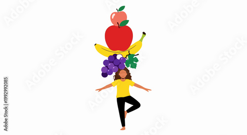 Vector illustration of person balancing fruits on head, healthy lifestyle concept, wellness and nutrition balance. for branding, packaging, banner, poster, website header, and social media design use