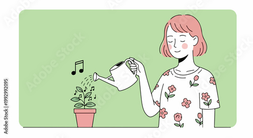 Vector illustration of a young woman watering a plant with musical notes floating in the air, symbolizing growth and harmony, for creative concepts and lifestyle themes.