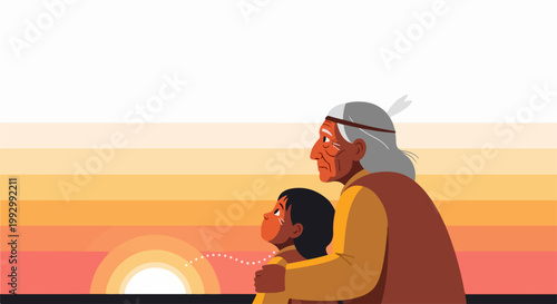 Indigenous elder and child watching sunset vector illustration. Generational connection and heritage concept. Cultural wisdom passed down through generations.