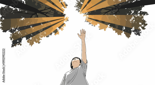 Vector illustration of person reaching towards light rays through trees, symbolizing hope and aspiration. for branding, packaging, banner, poster, website header, and social media design use