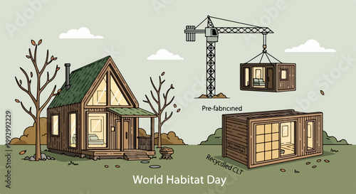 Vector illustration of modular home construction process showing pre fabricated units being lifted by crane and assembled into a dwelling. World Habitat Day concept for sustainable housing solutions.