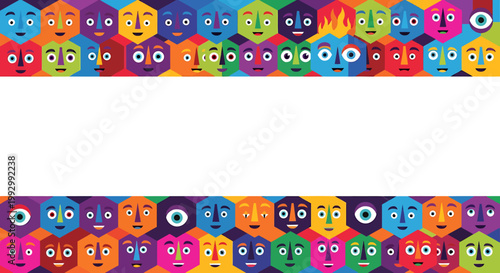 Colorful emoticon faces in row.