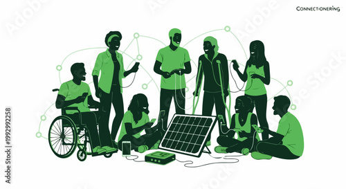 Diverse group using solar power for devices vector illustration. Community connection with renewable energy technology and mobile gadgets. Concept for sustainable living and digital access.