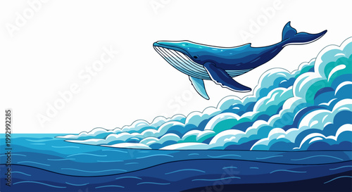 Majestic blue whale breaching through stylized ocean waves and clouds, vector illustration for marine life and fantasy themes.