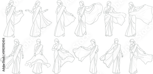 Elegant Indian Woman in Traditional Saree Outline Pose Collection Set for Cultural, Fashion, and Ethnic Heritage Illustration Designs
