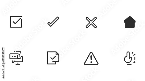 Iconic symbols: Clean, minimalist icons, including checkmarks, crosses, and home symbols, elegantly convey core digital interface commands. 