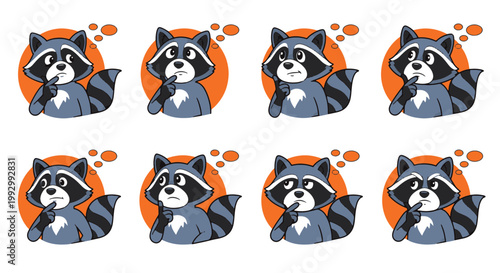 Cute Raccoon Thinking with a Finger on Its Chin and Orange Thought Bubbles Above