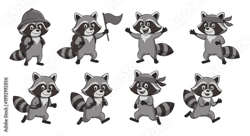 Happy Cartoon Raccoon Characters with Backpacks and Hats Adventuring in a Playful Style
