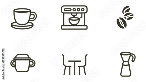 Coffee Essentials: A collection of simple line drawings showcasing the essential elements of a coffee experience, perfect for design projects and culinary concepts.