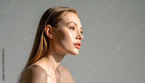 Side profile portrait of blonde woman with soft lighting on gray background
