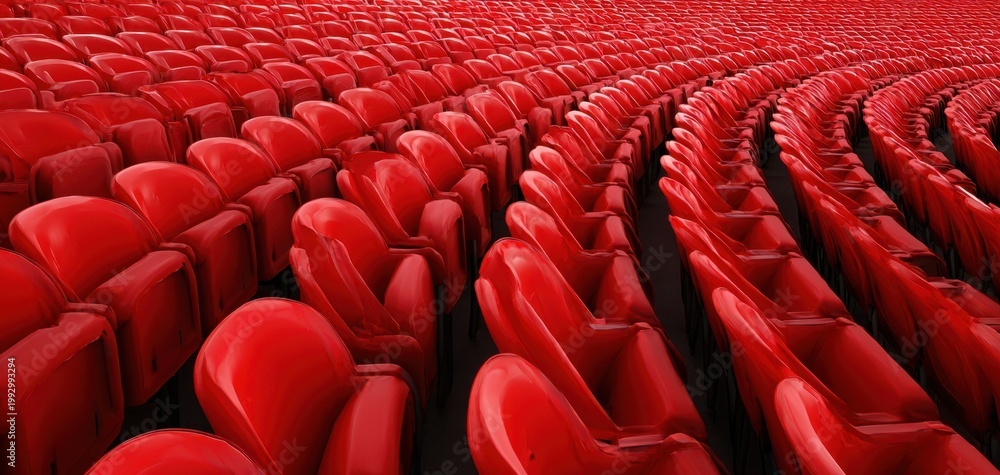 Obraz premium The Red Stadium Seats Curving in Endless Repetitive Rows of Glossy Chairs
