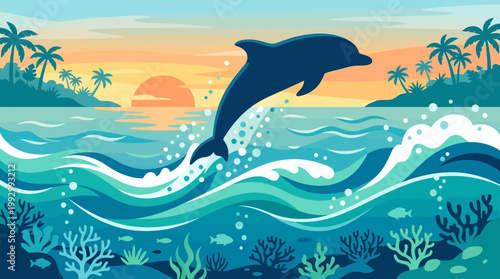 Dolphin jumping from ocean at tropical sunset vector illustration