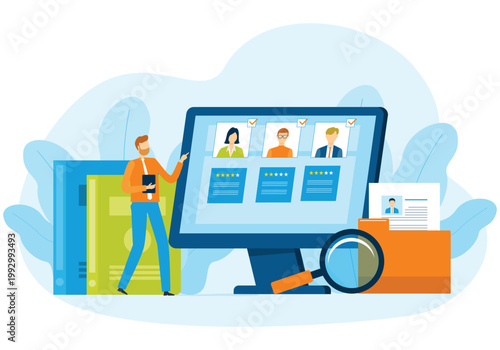 flat illustration business hr team research people Profile for job hiring and online interview with video conference meeting concept
