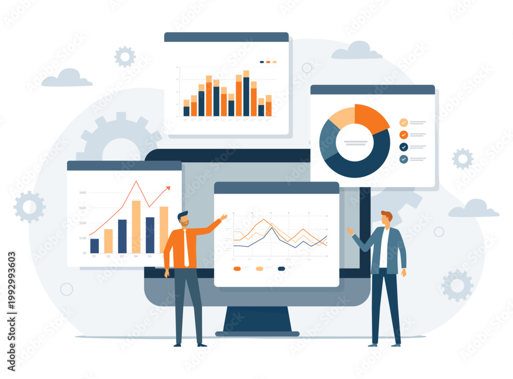 Fototapeta premium business people working meeting for data analytics and monitoring on web report dashboard monitor and business finance investment concept. flat vector illustration 