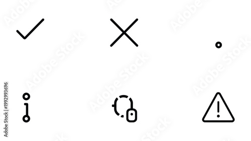 Symbolic Simplicity: A minimalist composition of universally recognized symbols. Includes checkmark, cross mark, dot, exclamation mark, mouse cursor and exclamation sign in triangles.