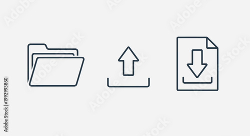 Folder, upload, and download icons representing digital file management and data transfer