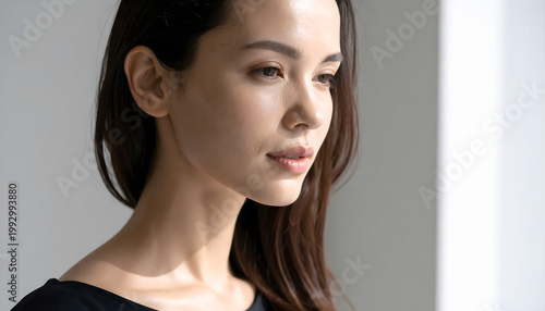 Profile portrait of woman with long brown hair in black top and softly lit background