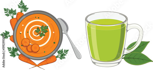 Creamy Orange Carrot Soup with Parsley Garnish and Fresh Healthy Green Vegetable Juice in Glass Mug Vector Illustration for Wellness and Nutrition