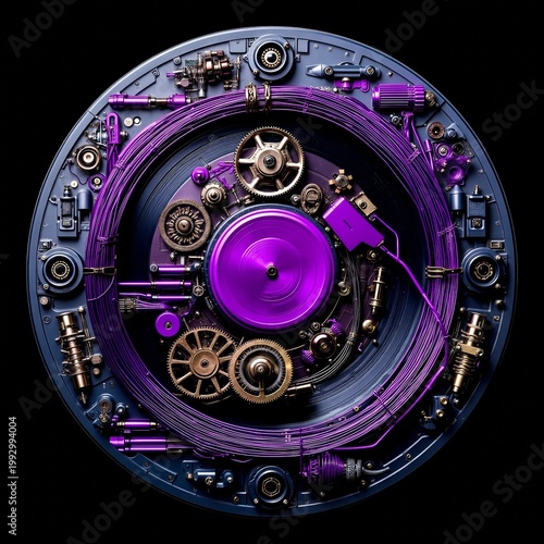 A close up of a purple clock with gears and gears inside of it