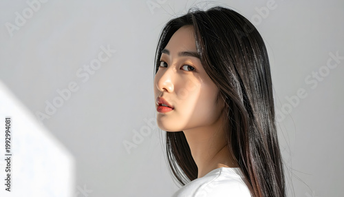 Minimalist portrait of woman with long straight black hair in white shirt and soft natural lighting