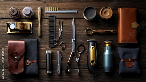 A variety of barber tools laid out on a wooden table