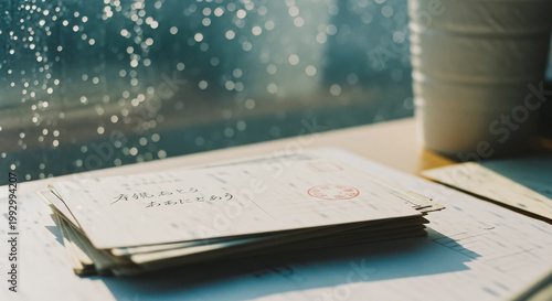 Stack of handwritten Japanese postcards on a desk by a window with raindrops and soft morning light
