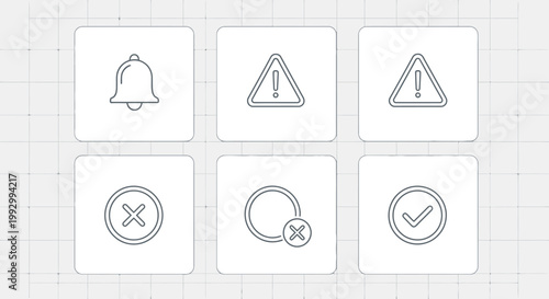 Comprehensive collection of essential user interface concept icons for digital alerts, notifications, warnings, and system status messages, perfect for modern app and web design projects