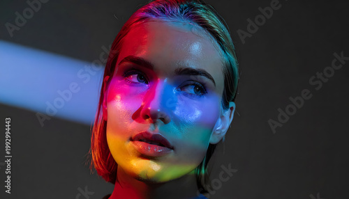 Profile portrait of woman with dark hair bun and glowing skin under soft minimalist lighting