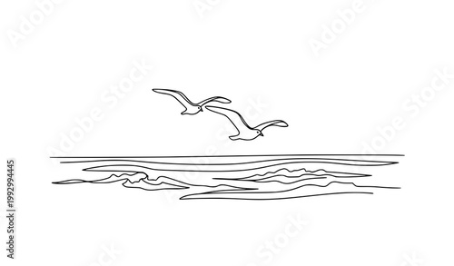 Seagulls Flying Over Sea One Line Drawing World Maritime Day Vector
