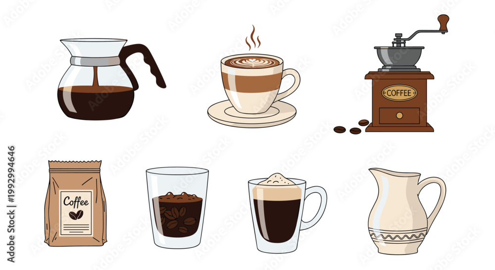 Fototapeta premium Comprehensive set of coffee equipment and drinks including a manual grinder moka pot and various prepared cups of hot espresso.