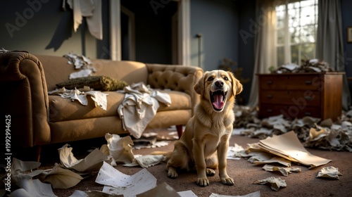 A dog sitting on the floor in a messy living room
