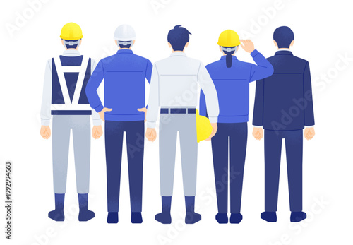 建設現場で働く男女5人の背中 建設に携わる人々の後ろ姿のベクターイラスト素材
