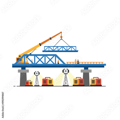 Illustration of a bridge construction site featuring a crane lifting a structural segment, workers on top, and ground equipment like floodlights.