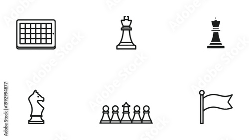 Chess Elements: Collection of elegant chess pieces in a modern, minimalist style, perfect for illustrating strategic concepts and game