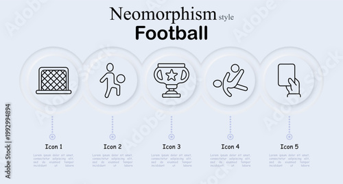 Football sport set icon. Goal net, dribbling player, champion trophy cup, bicycle kick athlete, referee card decision, stadium match, team competition, soccer tournament