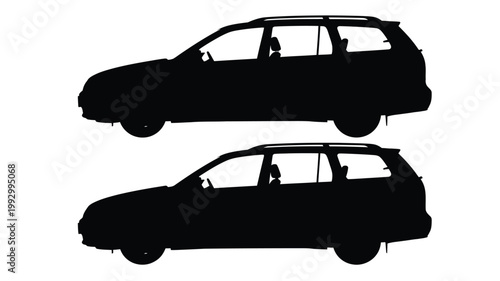 Two station wagon vehicle outlines against a bright background silhouette