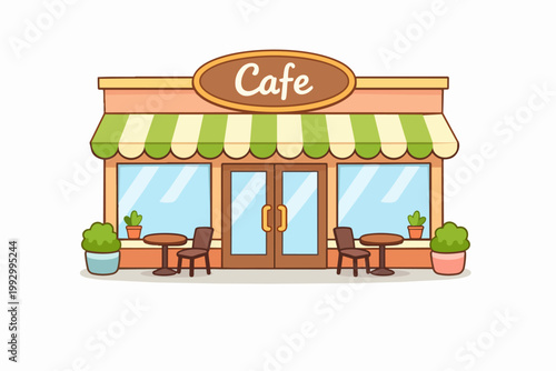 Cafe building storefront with awning and outdoor seating