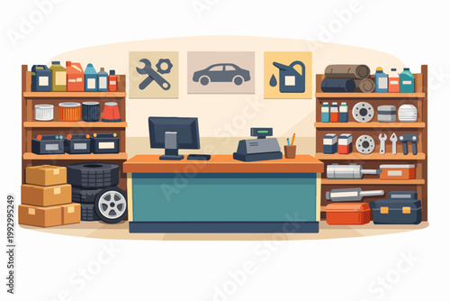 Auto parts store counter with car workshop supplies