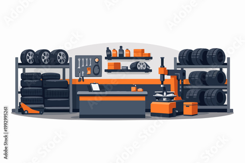 Auto service tire shop garage interior illustration