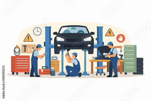 Mechanic team repairing car in auto service workshop