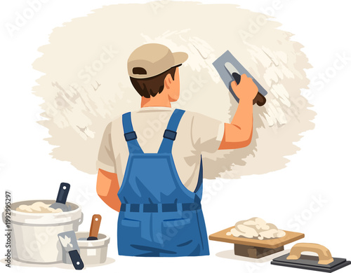 Worker applying plaster to wall during renovation project