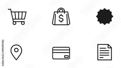 Shopping Icons: A collection of simple, elegant shopping-related icons, each representing a core element of the consumer experience, perfect for digital or print media.