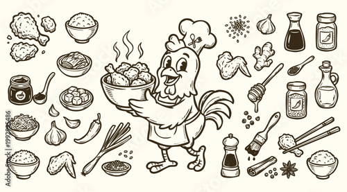 Vintage 1930s Rubber Hose Style Rooster Chef and Asian Fried Chicken Ingredients Doodle Set