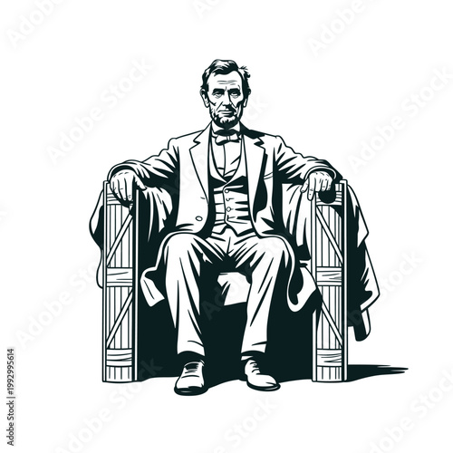 A stylized portrait of abraham lincoln seated in a wooden chair