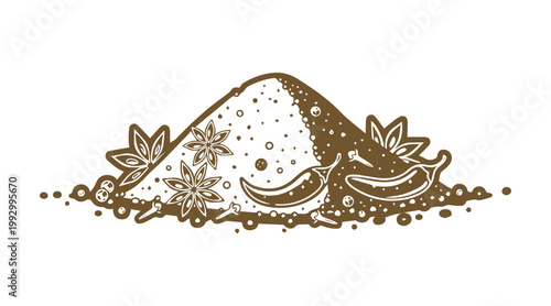 Artistic spice icon set featuring salt pile, pepper, and seasoning elements in hand-drawn form.