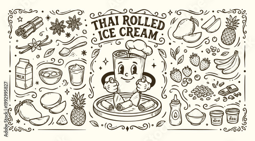 Vintage 1930s Rubber Hose Style Thai Rolled Ice Cream Mascot and Dessert Ingredients Doodle Set