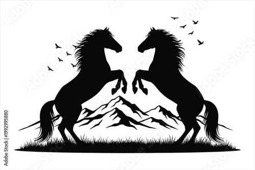 Black horse silhouettes, rearing horses, mountain landscape, vector illustration, animal graphics